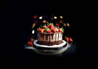 Poster - A chocolate cake with drizzled chocolate icing is topped with fresh strawberries and set on a white plate against a dark background.