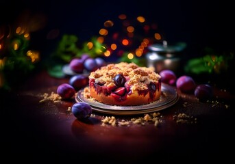 Poster - A delicious plum cake with a crumble topping sits on a plate surrounded by fresh plums.