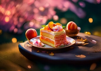 Poster - A slice of cake topped with fruit and flowers rests on a plate and wooden surface, surrounded by a blurred background of out-of-focus lights.