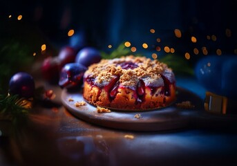 Poster - A plum cake with a crumb topping, a dark blue background, and bokeh lights.