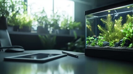 Poster - A serene workspace featuring an aquarium and greenery, promoting relaxation and focus.