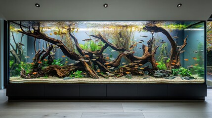 A large, beautifully designed aquarium filled with various aquatic plants and colorful fish.