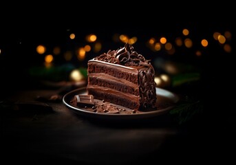 Poster - A decadent chocolate cake with swirls of frosting sits on a plate with a blurred background of warm lights.