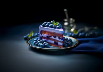 Poster - A slice of blueberry cake on a blue plate with blueberries around it. The cake has multiple layers, and is topped with fresh blueberries and a green leaf.