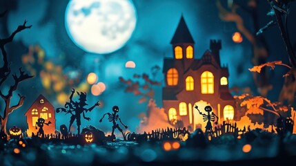 Wall Mural - A whimsical Halloween scene with skeletons, pumpkins, and a haunted house under a full moon.