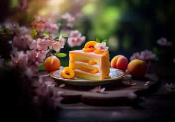 Poster - A piece of peach cake sits on a plate adorned with peach slices and blossoms, with a soft glow of light.