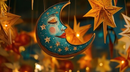 Canvas Print - A whimsical moon and stars decoration, evoking a dreamy, enchanting atmosphere.