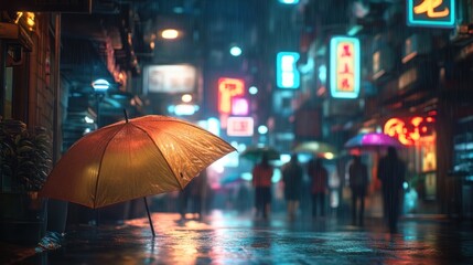 Poster - A vibrant, rainy street scene illuminated by neon lights and umbrellas.