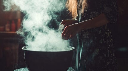 Poster - A person stirs a pot, creating steam in a dimly lit kitchen.