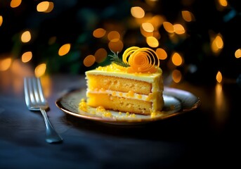Poster - A slice of layered cake with yellow frosting and orange zest sits on a white plate with a blurred background of gold bokeh.