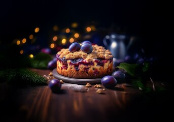 Poster - A round plum cake with a crumb topping sits on a dark wooden table surrounded by fresh plums.