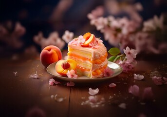 Poster - A slice of cake with peach filling and peach fruit on a plate with pink flowers scattered around.