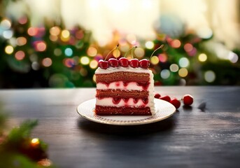 Poster - A slice of layered cake with cherry topping sits on a white plate against a background of blurred lights and green.