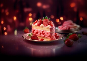 Poster - A slice of strawberry cake with pink frosting is on a plate, surrounded by fresh strawberries.  The background is blurred with red and orange bokeh.