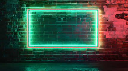 Poster - Nightlife Aesthetics: Green Neon Frame on Brick Background