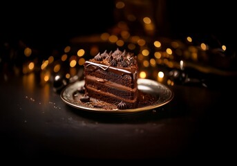 Poster - A slice of chocolate cake with chocolate frosting sits on a plate, with blurred golden lights in the background.