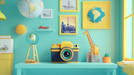 Canvas Print - A colorful room with a camera, globe, giraffe, and decorative elements.