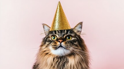 Sticker - A cat wearing a glittery party hat against a pink background, celebrating a festive occasion.