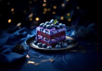 Poster - A slice of purple and blue layered cake topped with blueberries and a green leaf sits on a black plate against a dark blue background with blurred golden lights.
