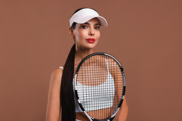 Poster - Beautiful young woman with tennis racket on brown background