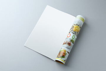 Sticker - Open magazine on grey background. Mockup for design