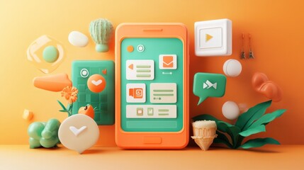 Canvas Print - A colorful 3D display of a smartphone surrounded by various app icons and playful elements.