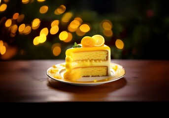 Poster - A slice of lemon cake with a single mint leaf on top is on a white plate with a dark brown background of bokeh lights.