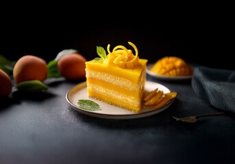 Poster - A slice of yellow cake with mango filling, decorated with mango slices and a sprig of mint, sits on a small white plate.