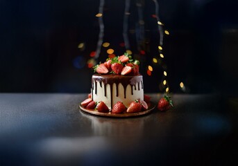 Poster - A single-tier cake with white frosting and chocolate ganache, decorated with strawberries and surrounded by blurred lights.
