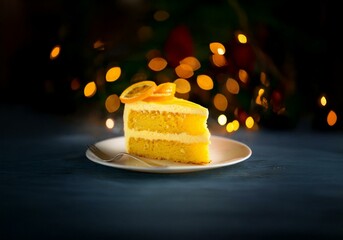 Poster - A slice of citrus cake sits on a white plate on a dark blue table with a blurry background of warm yellow lights.
