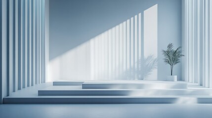 Canvas Print - A minimalist interior scene with steps, light, and a potted plant creating a serene atmosphere.