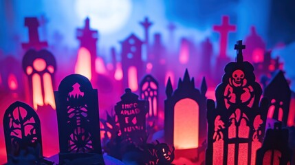 Poster - A colorful graveyard scene with illuminated paper tombstones and eerie atmosphere.