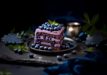 Poster - A slice of layered cake topped with blueberries sits on a blue plate against a dark background.