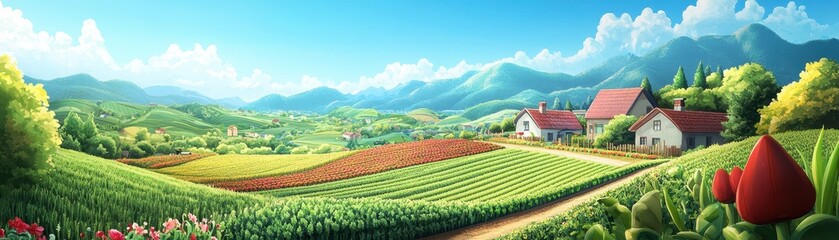 Wall Mural - Scenic Countryside Landscape with Rolling Hills, Farmhouses, and Vibrant Fields Under a Clear Blue Sky