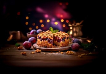 Poster - A slice of plum cake with a crumble topping, on a wooden plate with fresh plums and a sprig of mint.