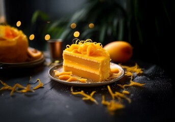 Poster - A slice of layered yellow cake topped with a swirl of mango glaze. The cake is on a small plate, with a whole mango to the right.