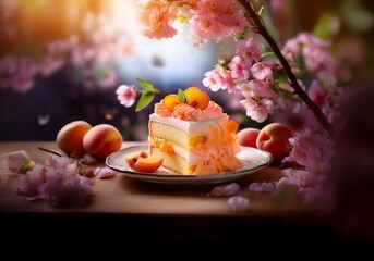 Poster - A slice of cake with peach filling and frosting is on a plate with a peach half and two whole peaches.  A branch of pink blossoms hangs over the plate.
