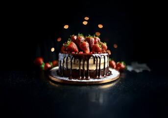 Poster - A chocolate cake with layers of frosting and a chocolate glaze topped with fresh strawberries.