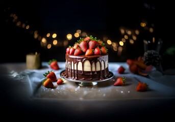 Poster - A chocolate cake with white frosting, topped with strawberries and drizzled with chocolate sits on a cake stand against a dark background with blurred lights.