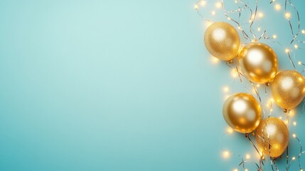 Poster - A festive arrangement featuring golden ornaments and fairy lights on a blue background.