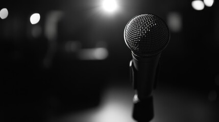 Poster - A close-up of a microphone in a dimly lit environment, suggesting performance or speech.