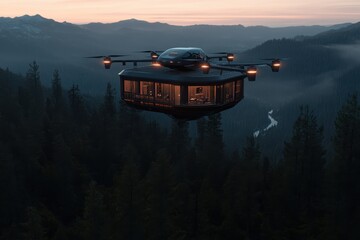 A unique flying glass cabin powered by drone technology, hovering above a dense forest valley at sunset, exemplifying a blend of technology with nature.