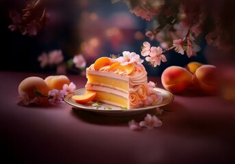 Poster - A slice of peach cake decorated with peach slices and pink flowers rests on a white plate with whole peaches scattered on a red surface.