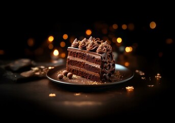 Poster - A slice of chocolate cake with swirls of frosting sits on a plate with golden sprinkles, lit by warm bokeh lights in the background.