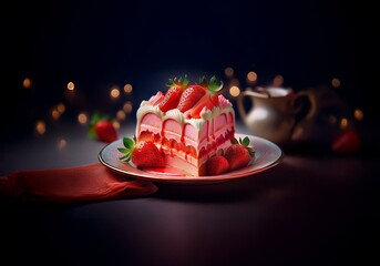 Aufkleber - A slice of strawberry cake on a white plate with strawberries around it. There is a red napkin on a dark surface and blurred lights in the background.