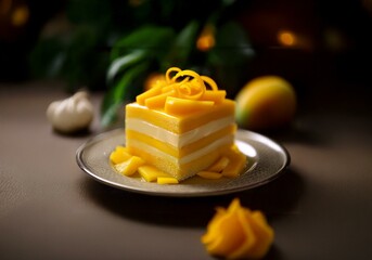 Poster - A yellow dessert layered with a white filling is on a silver plate with mango slices and a swirl of mango zest on top.