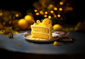 Poster - A slice of lemon cake on a white plate, with a blurred background of yellow lights and lemons.