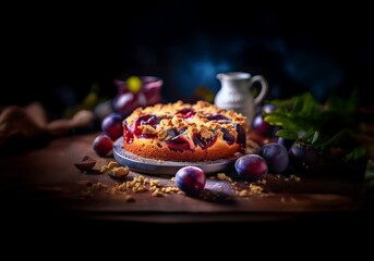 Poster - A plum cake sits on a wooden table surrounded by fresh plums.