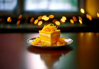 Poster - A piece of mango cake with a swirl of mango on top, sitting on a plate on a dark wood surface with blurry yellow bokeh lights in the background.