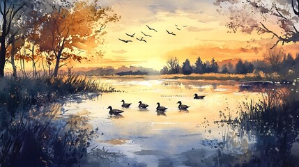 Canvas Print - Watercolor Painting of Ducks Swimming at Sunset.